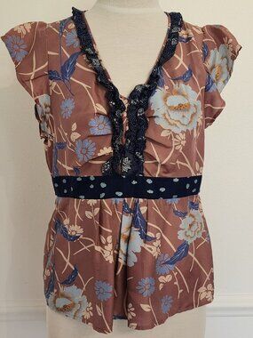 Odille Floral Print Silk Top With Ruffle Trim & Cap Sleeves Size 6